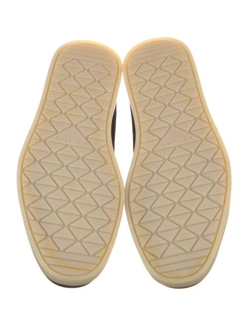 Prada Enameled Metal Triangle Suede Boat Shoes