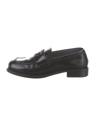 Prada Enameled Metal Triangle Leather Loafers