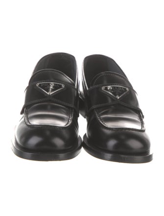 Prada Enameled Metal Triangle Leather Loafers
