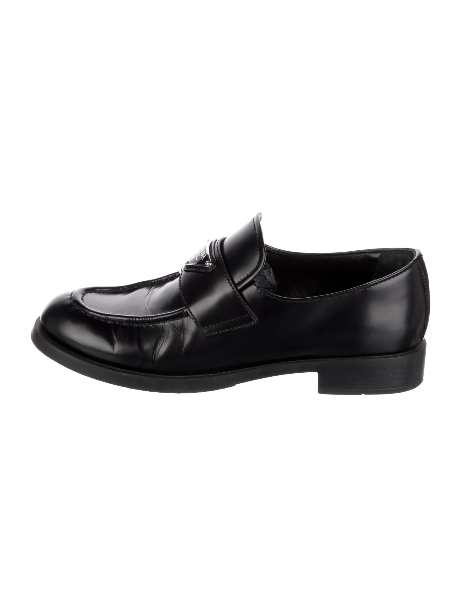Prada Enameled Metal Triangle Leather Loafers