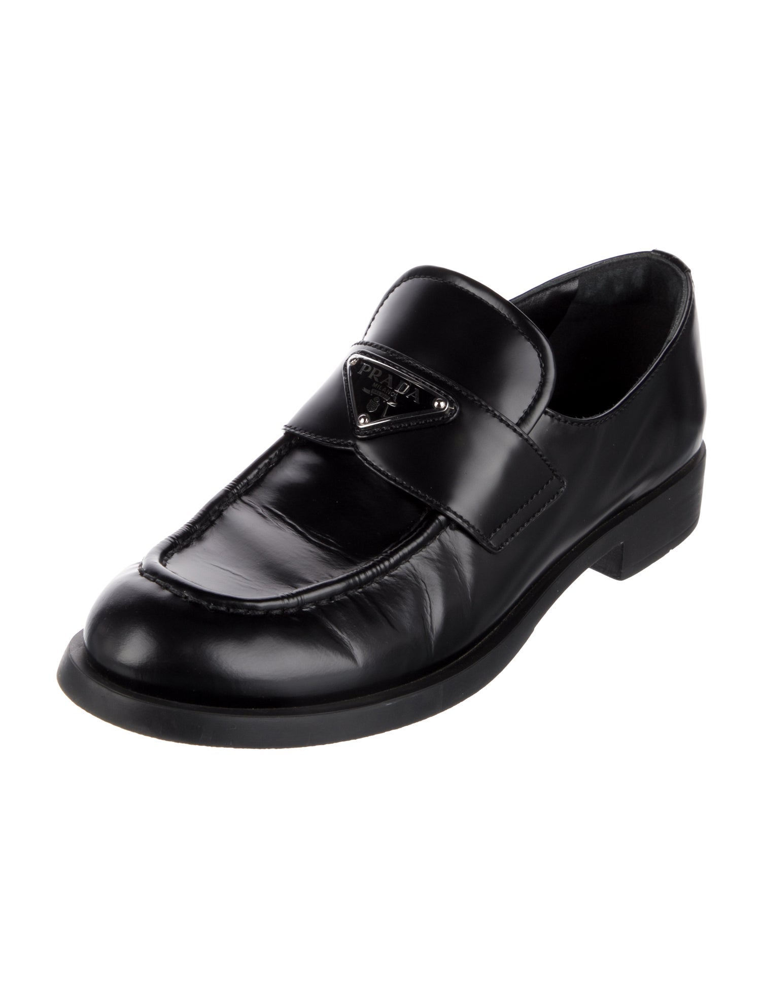 Prada Enameled Metal Triangle Leather Loafers