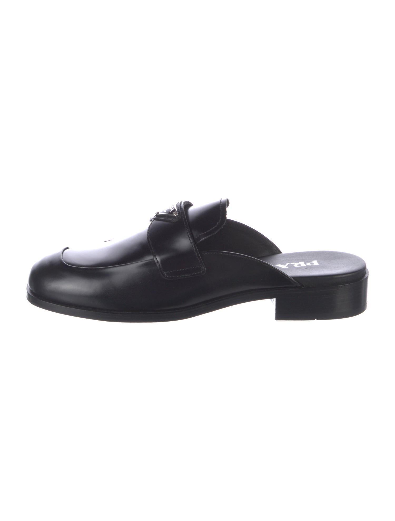 Prada Enameled Metal Triangle Leather Mules