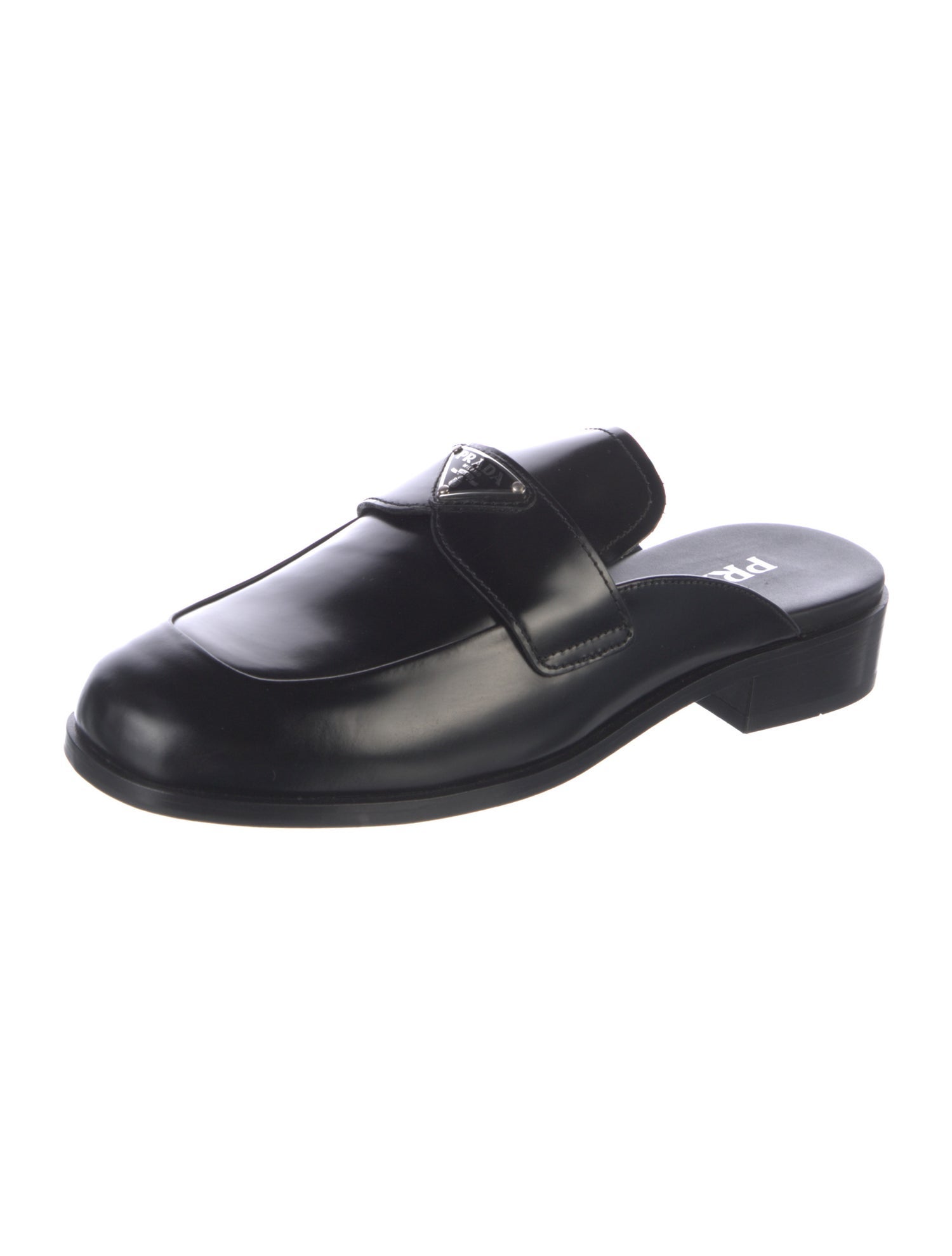 Prada Enameled Metal Triangle Leather Mules