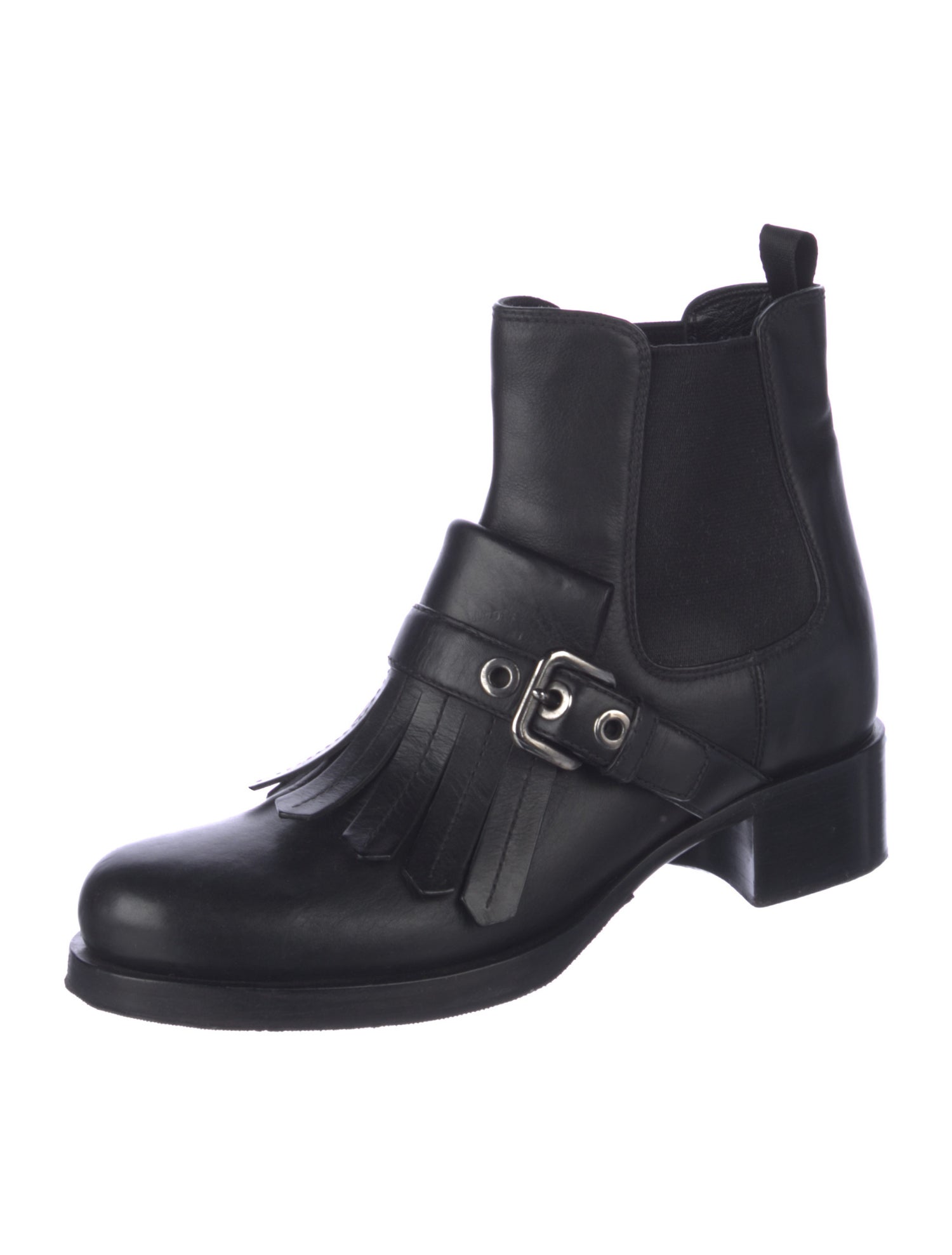 Prada Leather Fringe Trim Accent Chelsea Boots