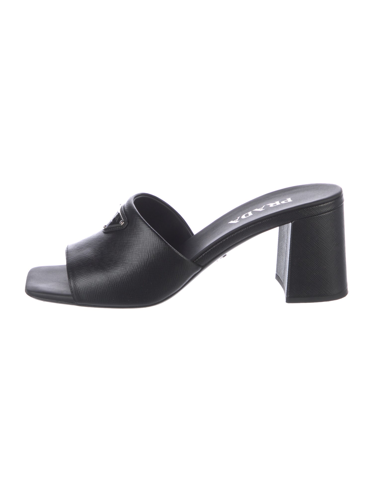 Prada Enameled Metal Triangle Saffiano Leather Slides