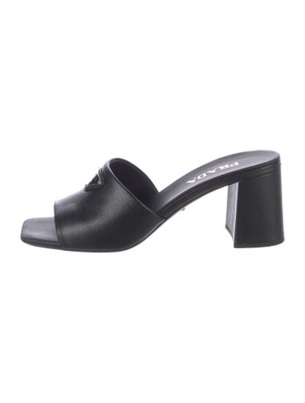 Prada Enameled Metal Triangle Saffiano Leather Slides