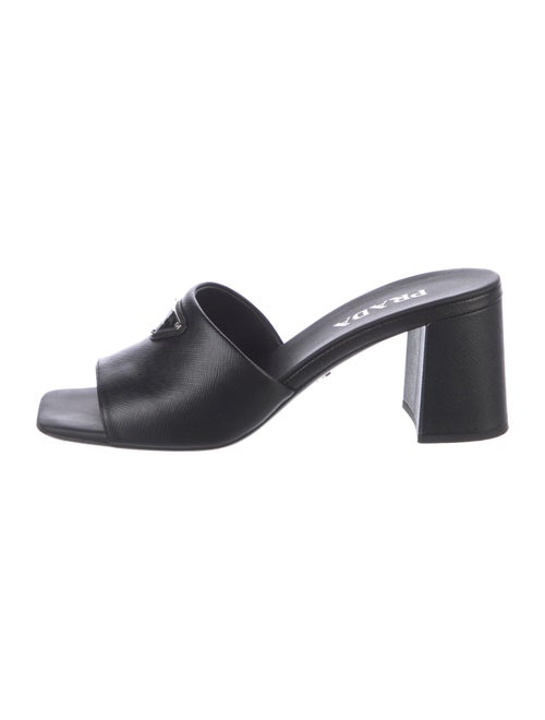 Prada Enameled Metal Triangle Saffiano Leather Slides
