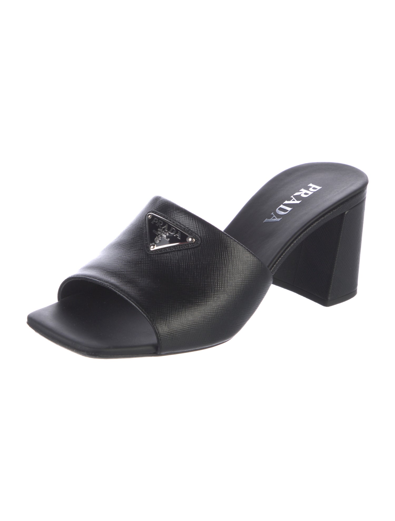 Prada Enameled Metal Triangle Saffiano Leather Slides