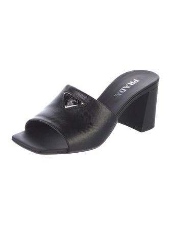 Prada Enameled Metal Triangle Saffiano Leather Slides