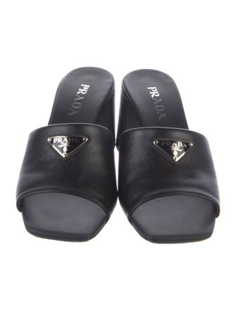 Prada Enameled Metal Triangle Saffiano Leather Slides