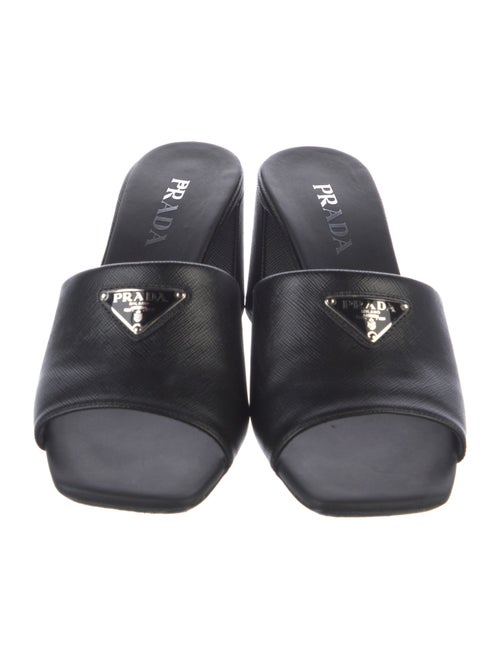 Prada Enameled Metal Triangle Saffiano Leather Slides