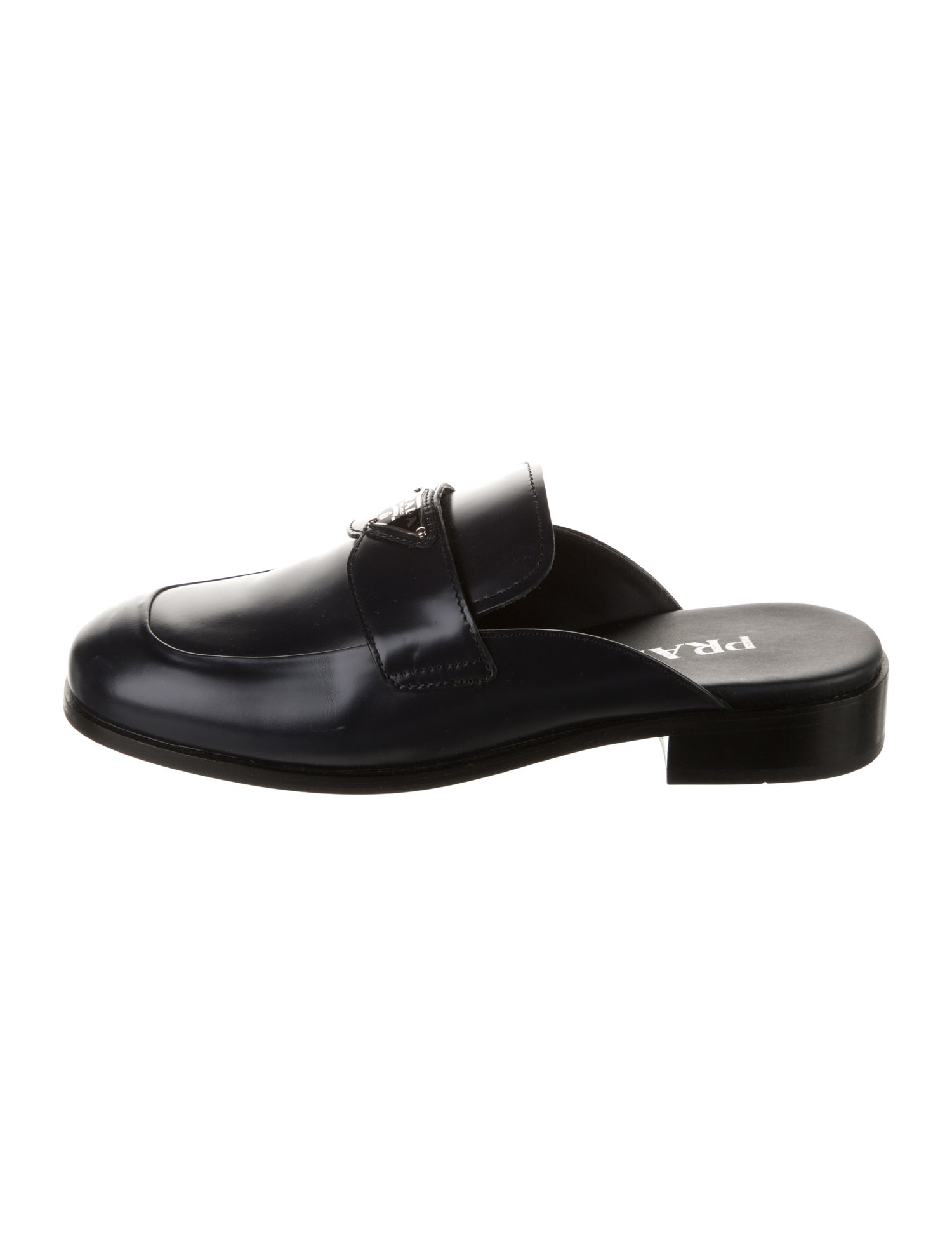 Prada Enameled Metal Triangle Patent Leather Mules