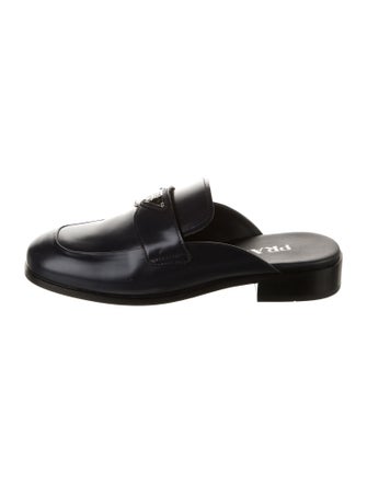 Prada Enameled Metal Triangle Patent Leather Mules