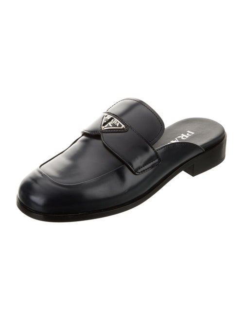 Prada Enameled Metal Triangle Patent Leather Mules