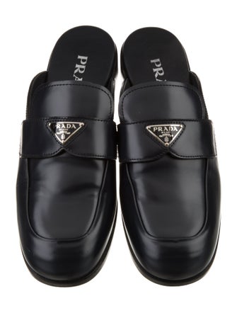 Prada Enameled Metal Triangle Patent Leather Mules