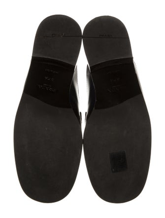 Prada Enameled Metal Triangle Patent Leather Mules