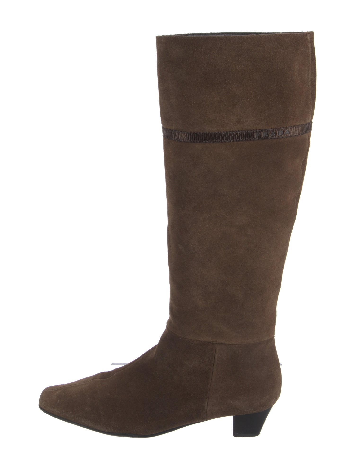 Prada Enameled Metal Triangle Suede Riding Boots