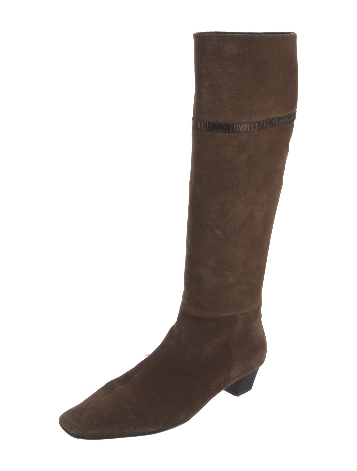 Prada Enameled Metal Triangle Suede Riding Boots