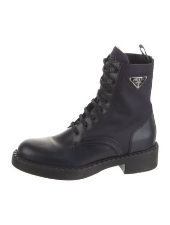 Prada Enameled Metal Triangle Leather Combat Boots