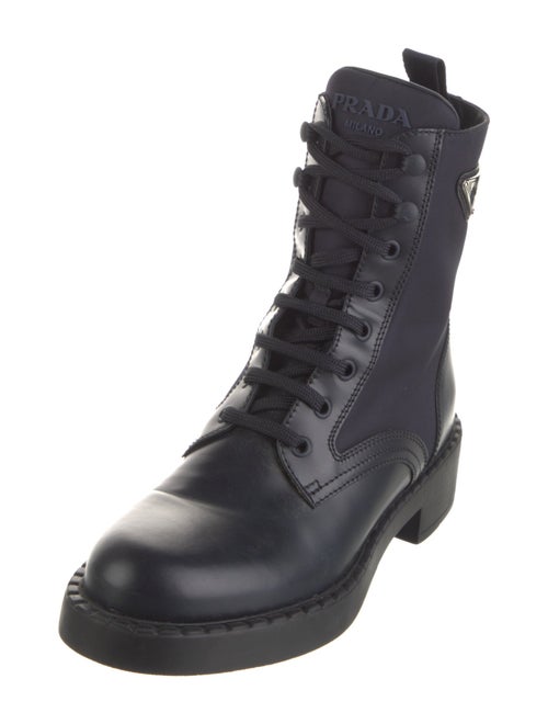 Prada Enameled Metal Triangle Leather Combat Boots