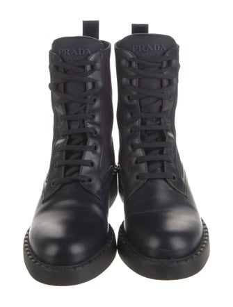 Prada Enameled Metal Triangle Leather Combat Boots