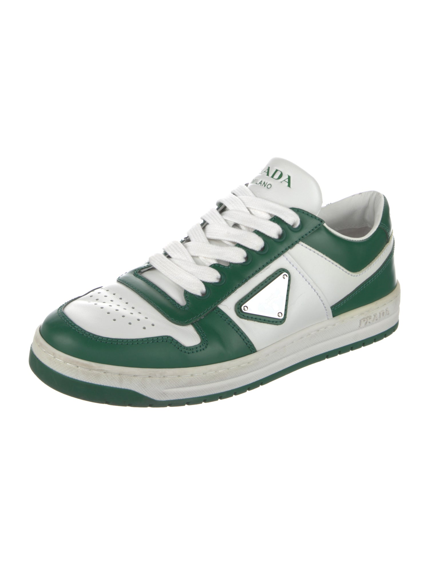 Prada Enameled Metal Triangle Leather Sneakers