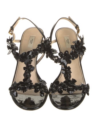 Prada Patent Leather Leather Trim Embellishment T-Strap Sandals