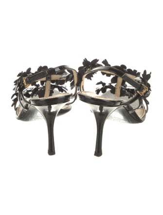 Prada Patent Leather Leather Trim Embellishment T-Strap Sandals