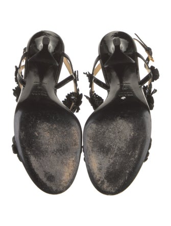 Prada Patent Leather Leather Trim Embellishment T-Strap Sandals