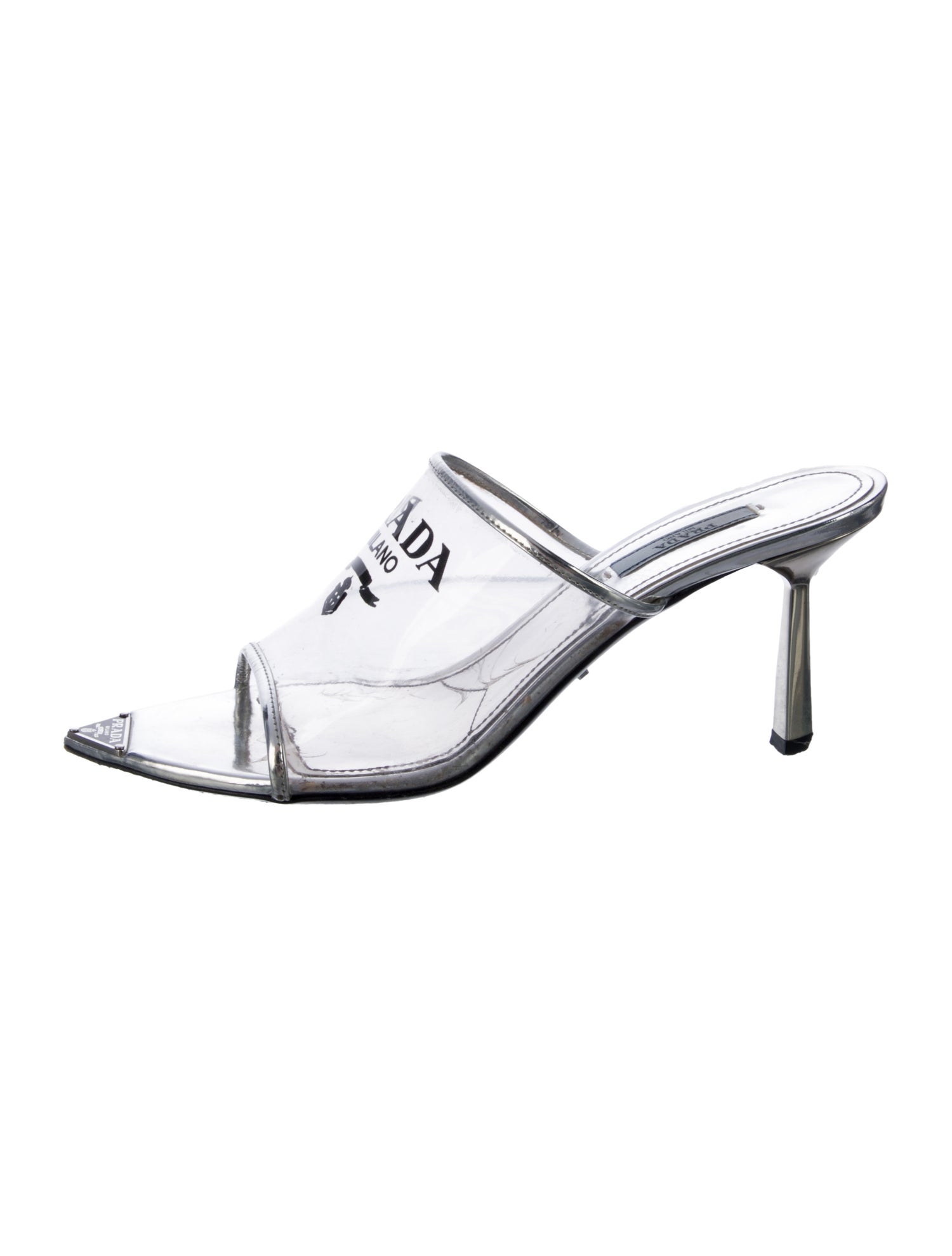 Prada Enameled Metal Triangle PVC Slides