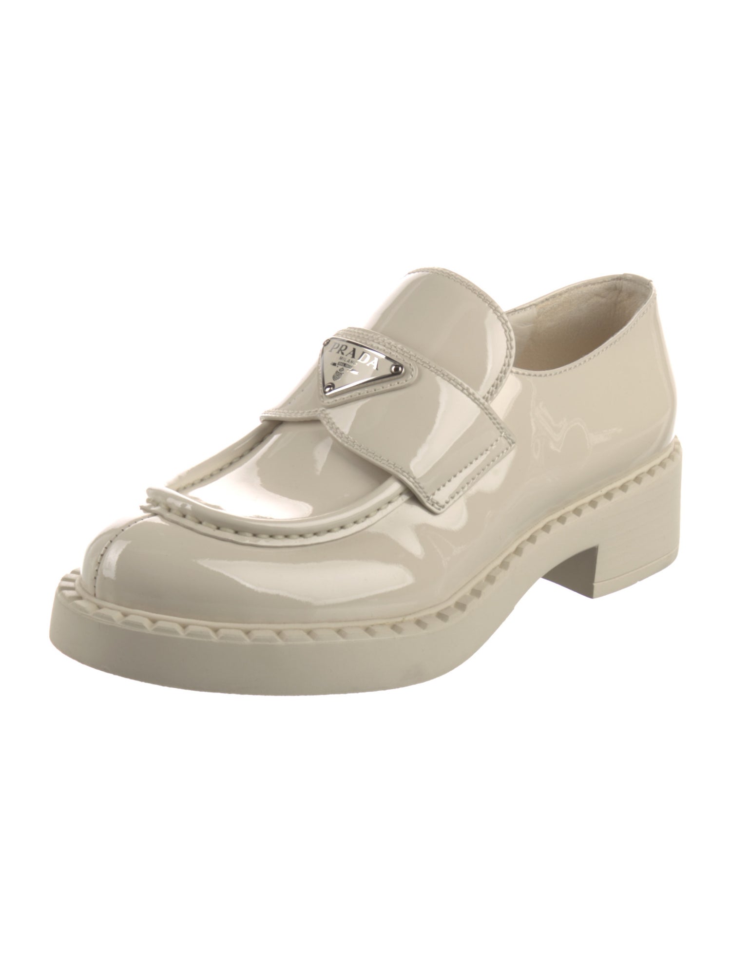 Prada Enameled Metal Triangle Patent Leather Oxfords