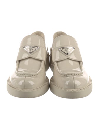 Prada Enameled Metal Triangle Patent Leather Oxfords