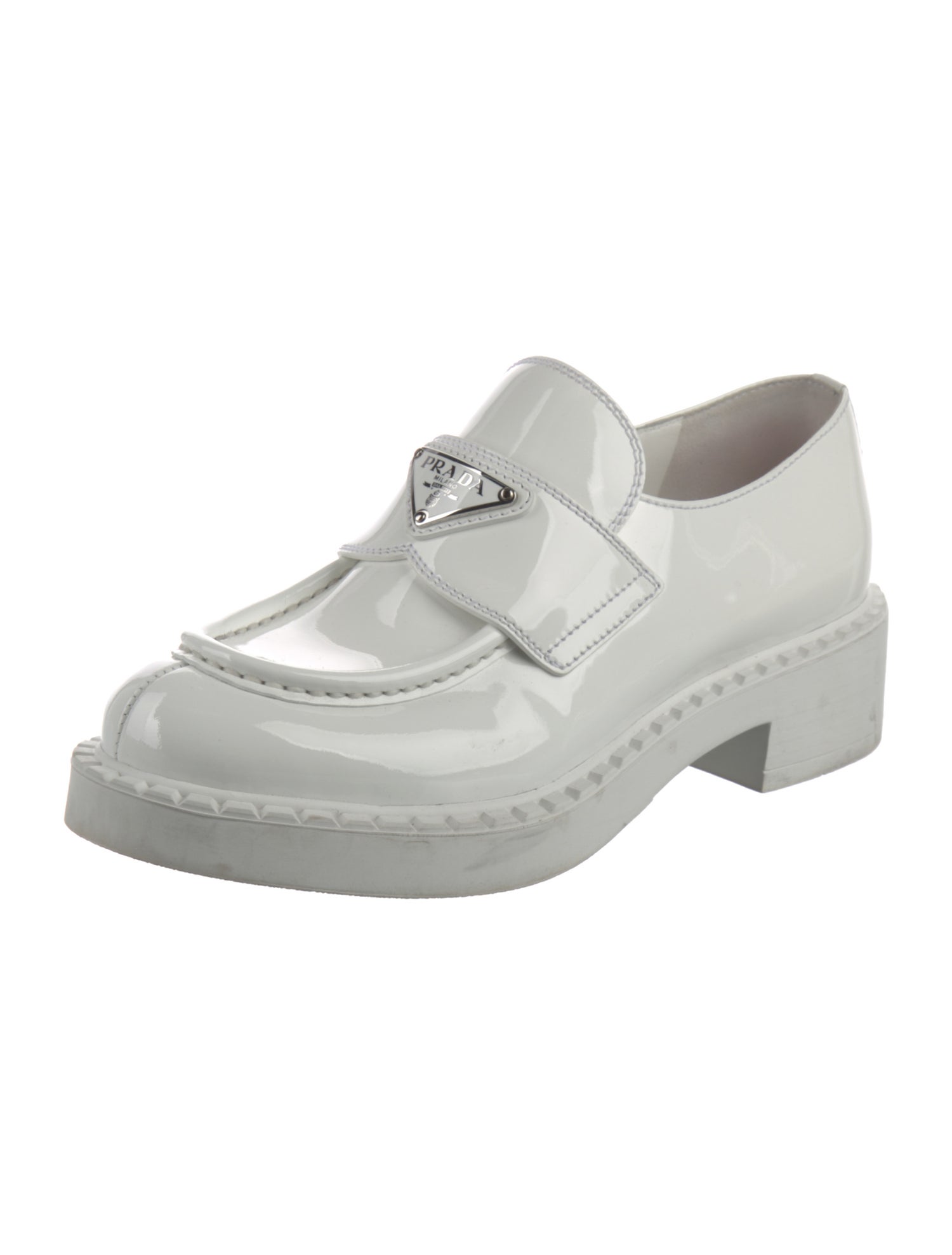 Prada Enameled Metal Triangle Patent Leather Loafers