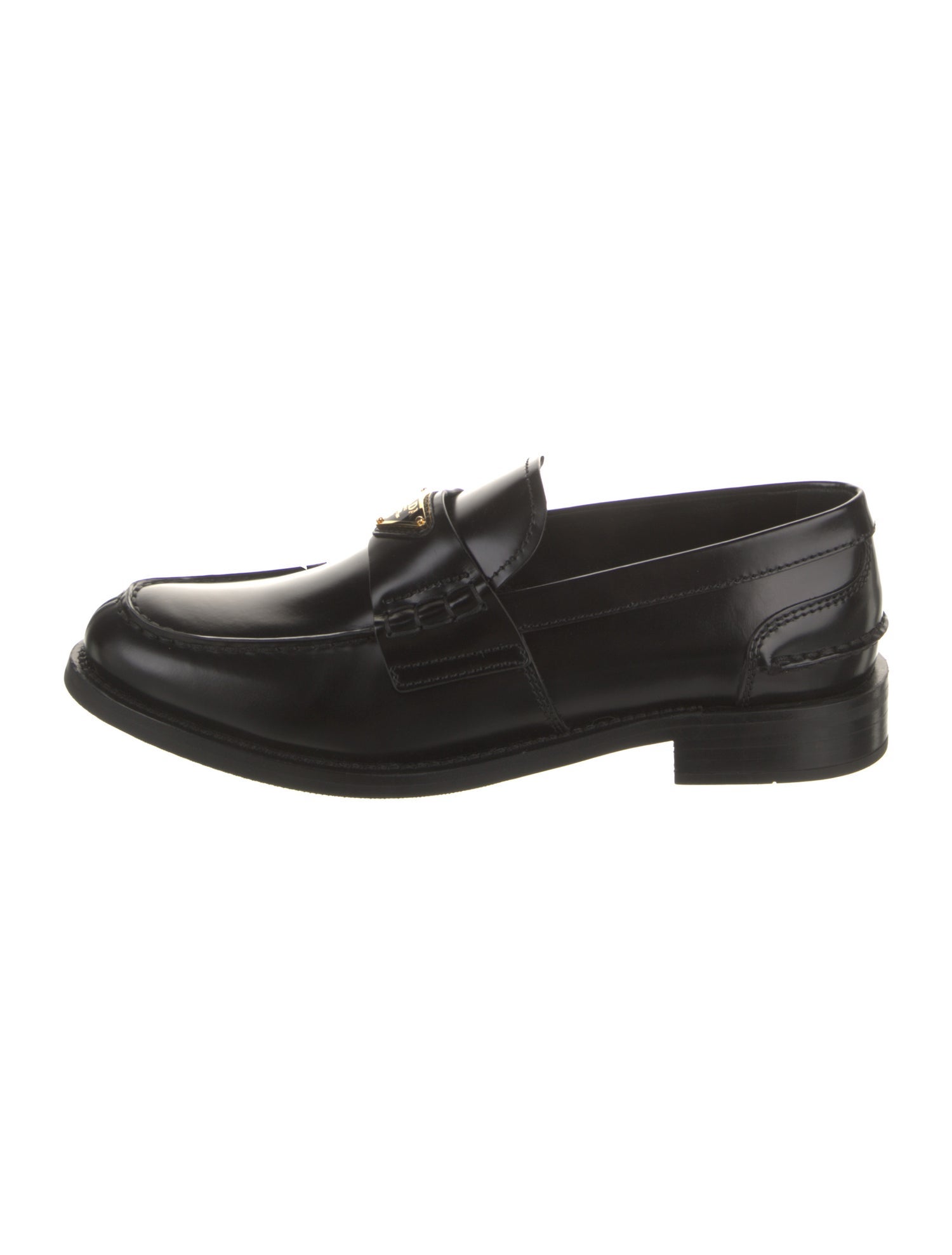 Prada Enameled Metal Triangle Patent Leather Loafers
