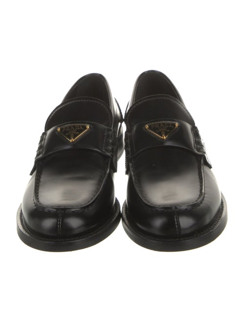 Prada Enameled Metal Triangle Patent Leather Loafers