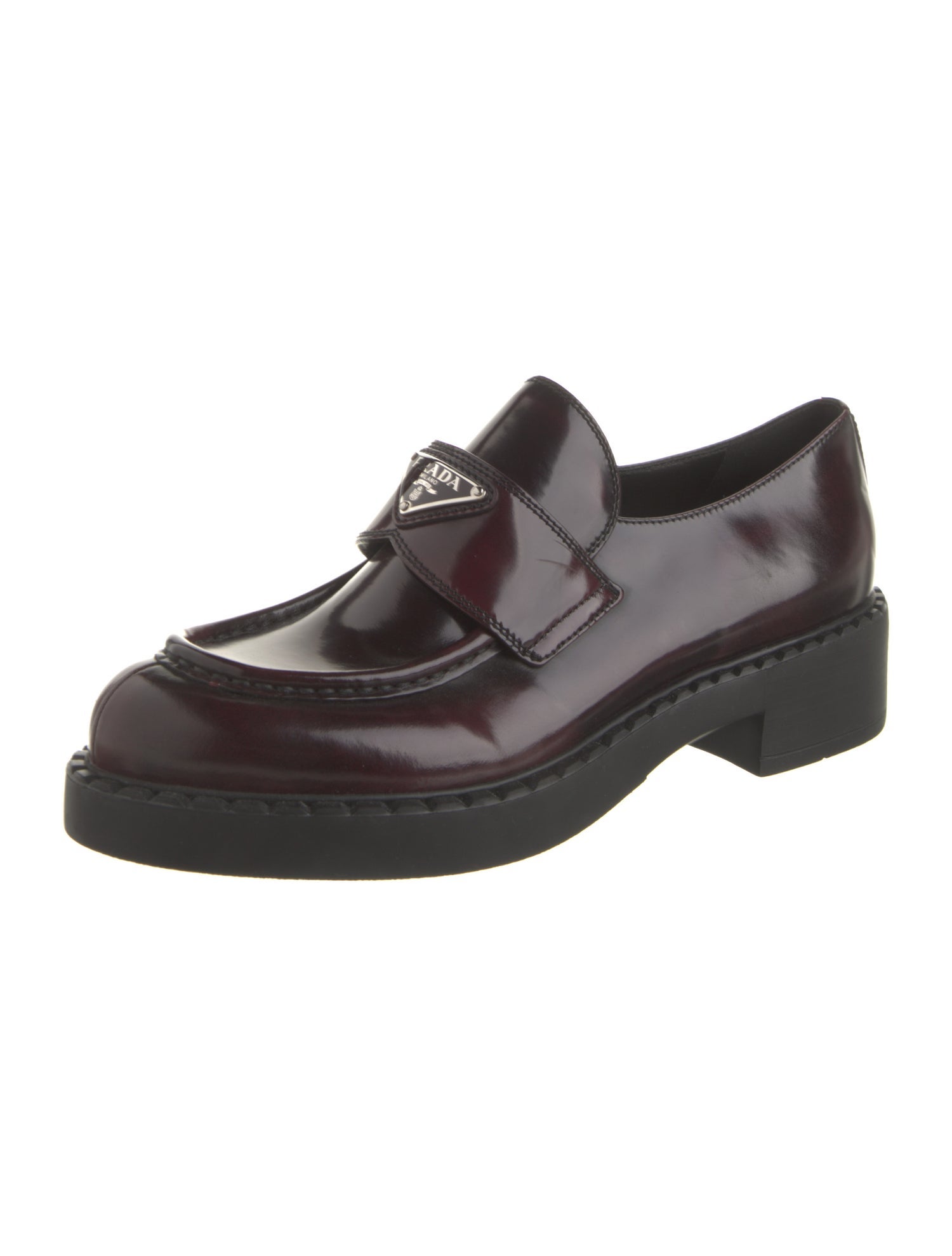 Prada Enameled Metal Triangle Patent Leather Oxfords