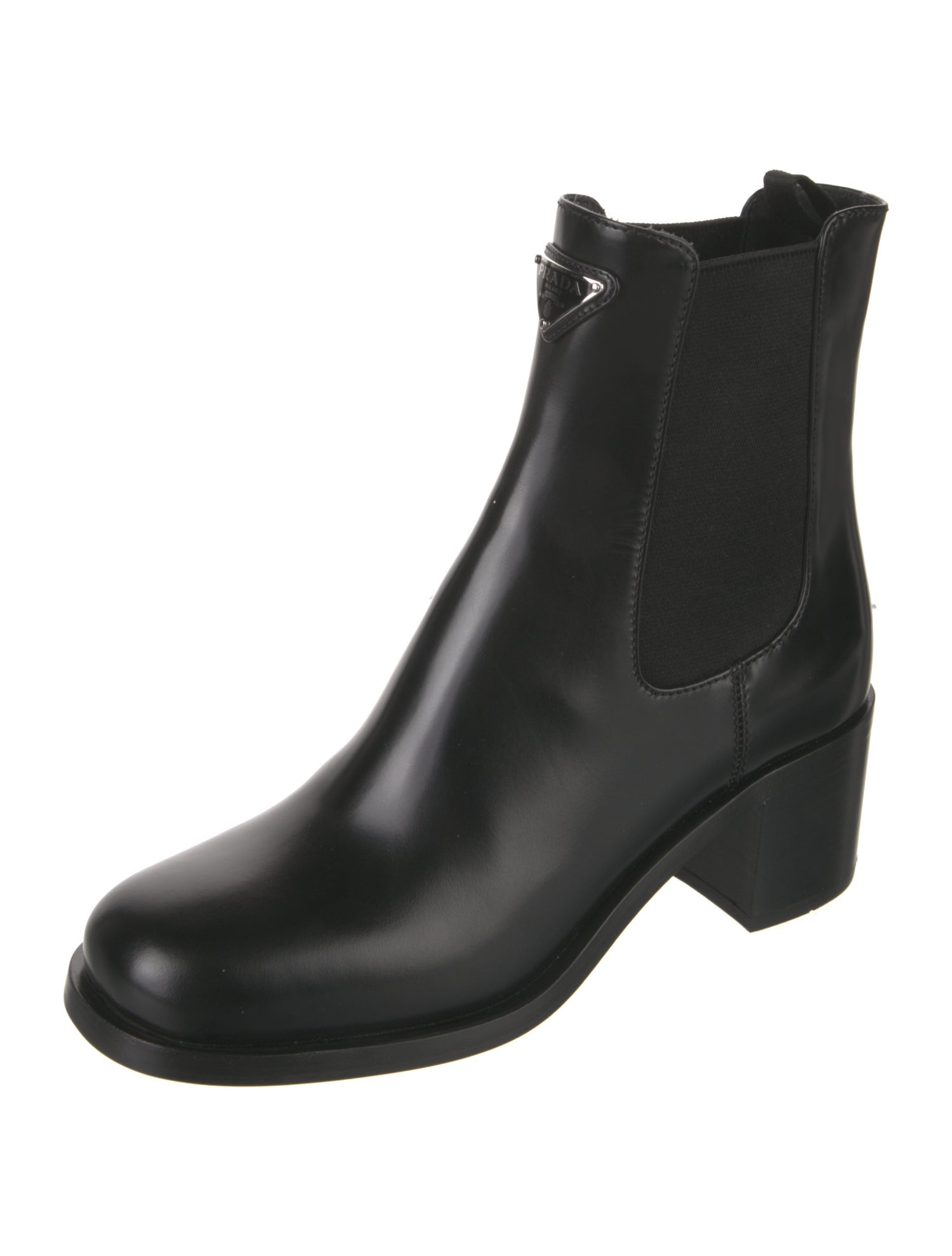 Prada Enameled Metal Triangle Leather Chelsea Boots