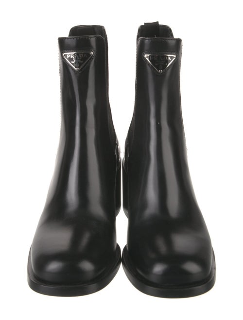 Prada Enameled Metal Triangle Leather Chelsea Boots