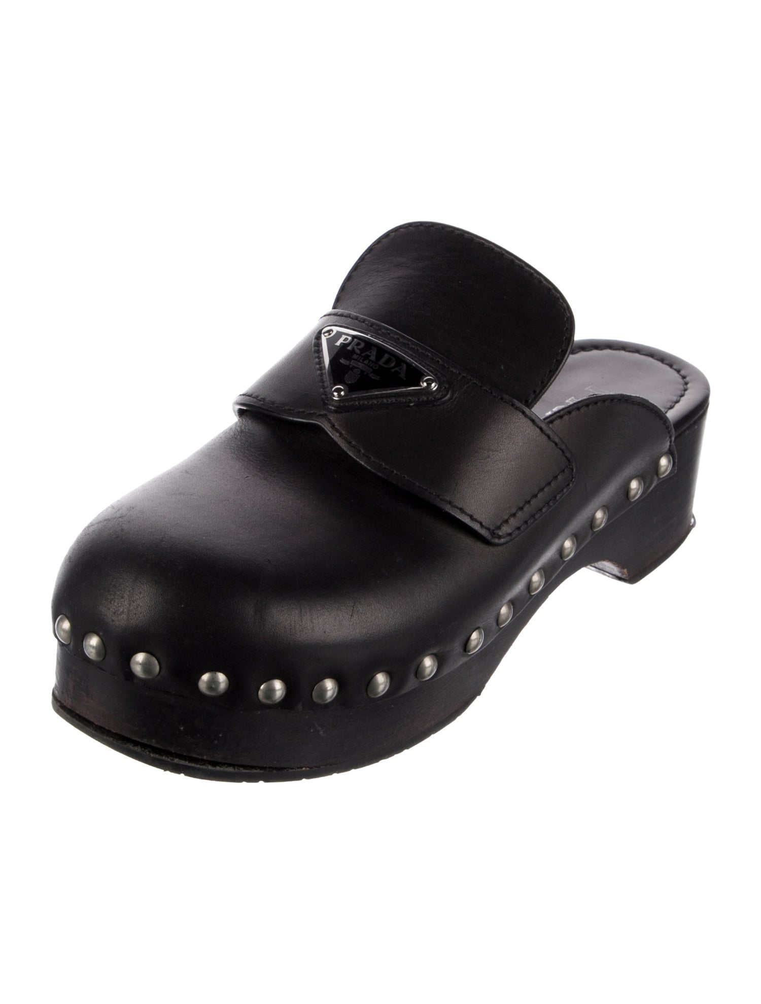 Prada Enameled Metal Triangle Leather Mules