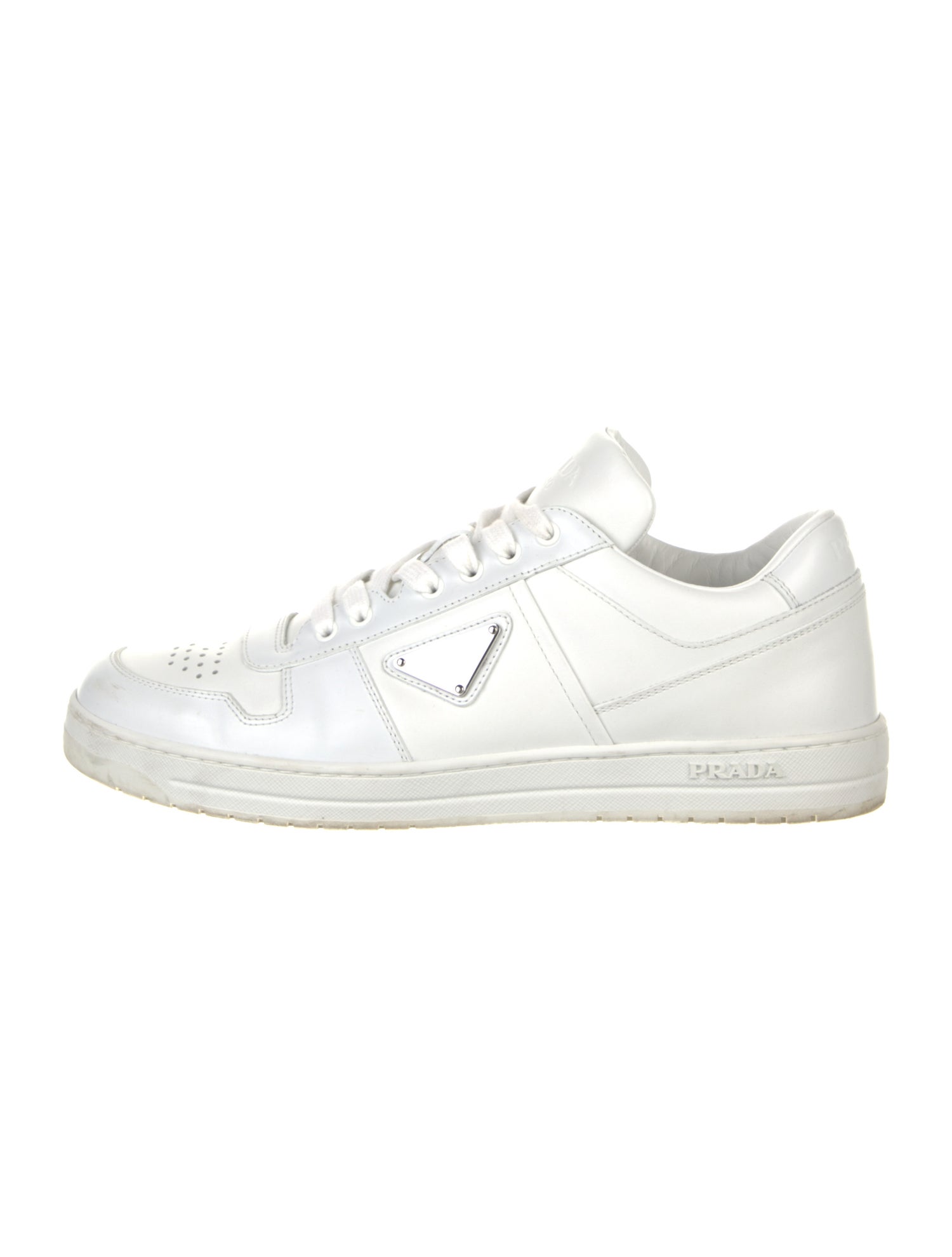 Prada Enameled Metal Triangle Leather Sneakers