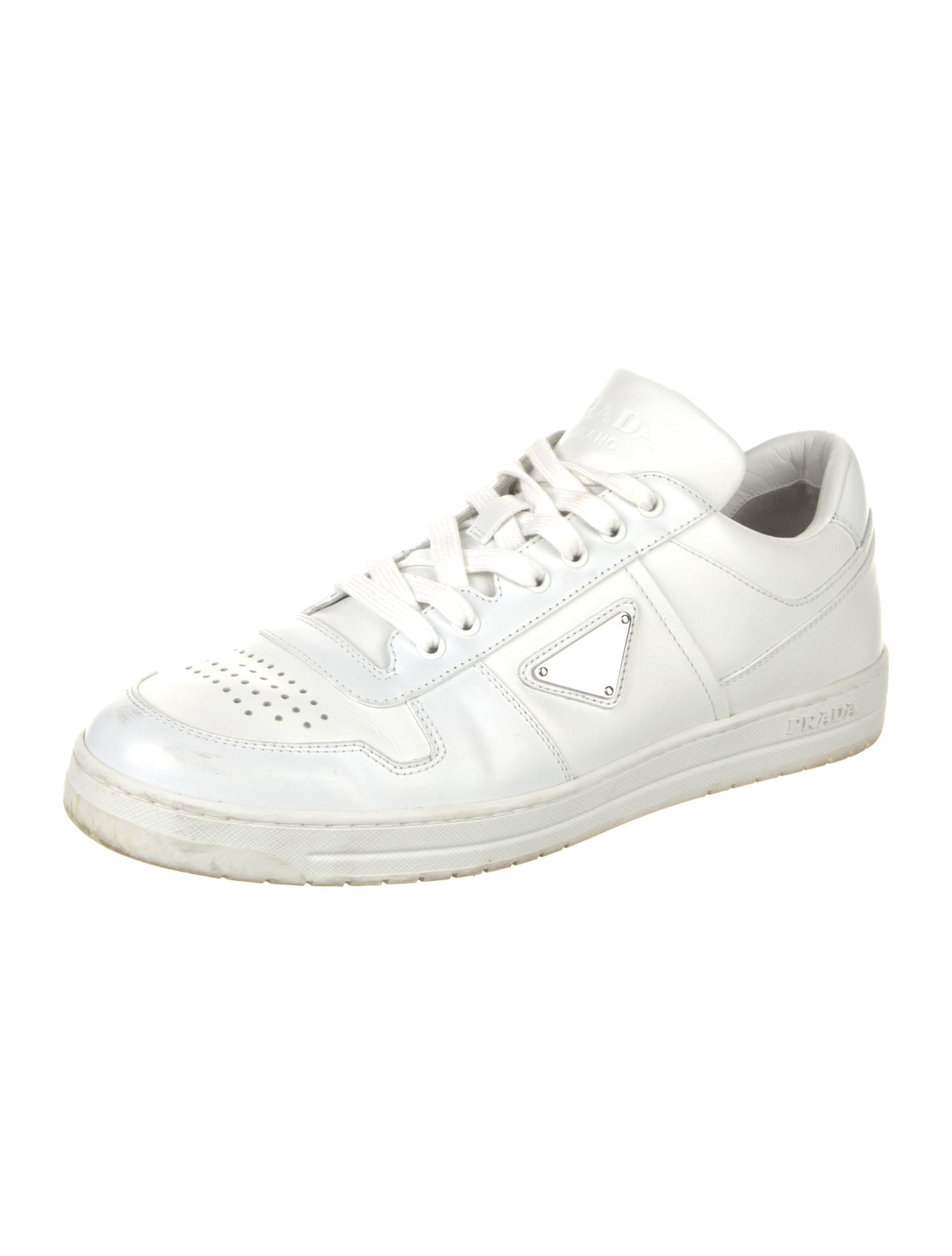 Prada Enameled Metal Triangle Leather Sneakers