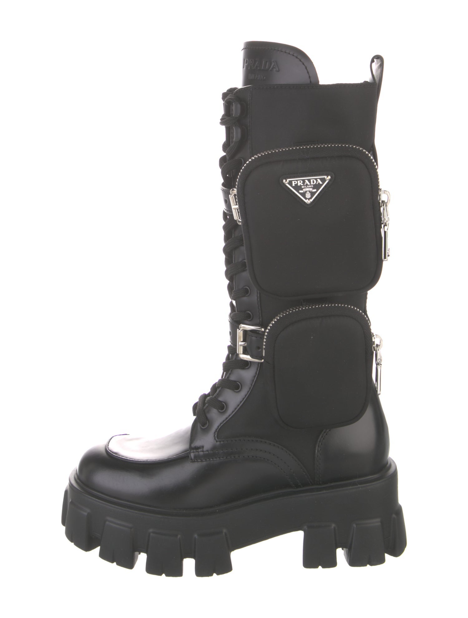 Prada Leather Leather Trim Embellishment Combat Boots