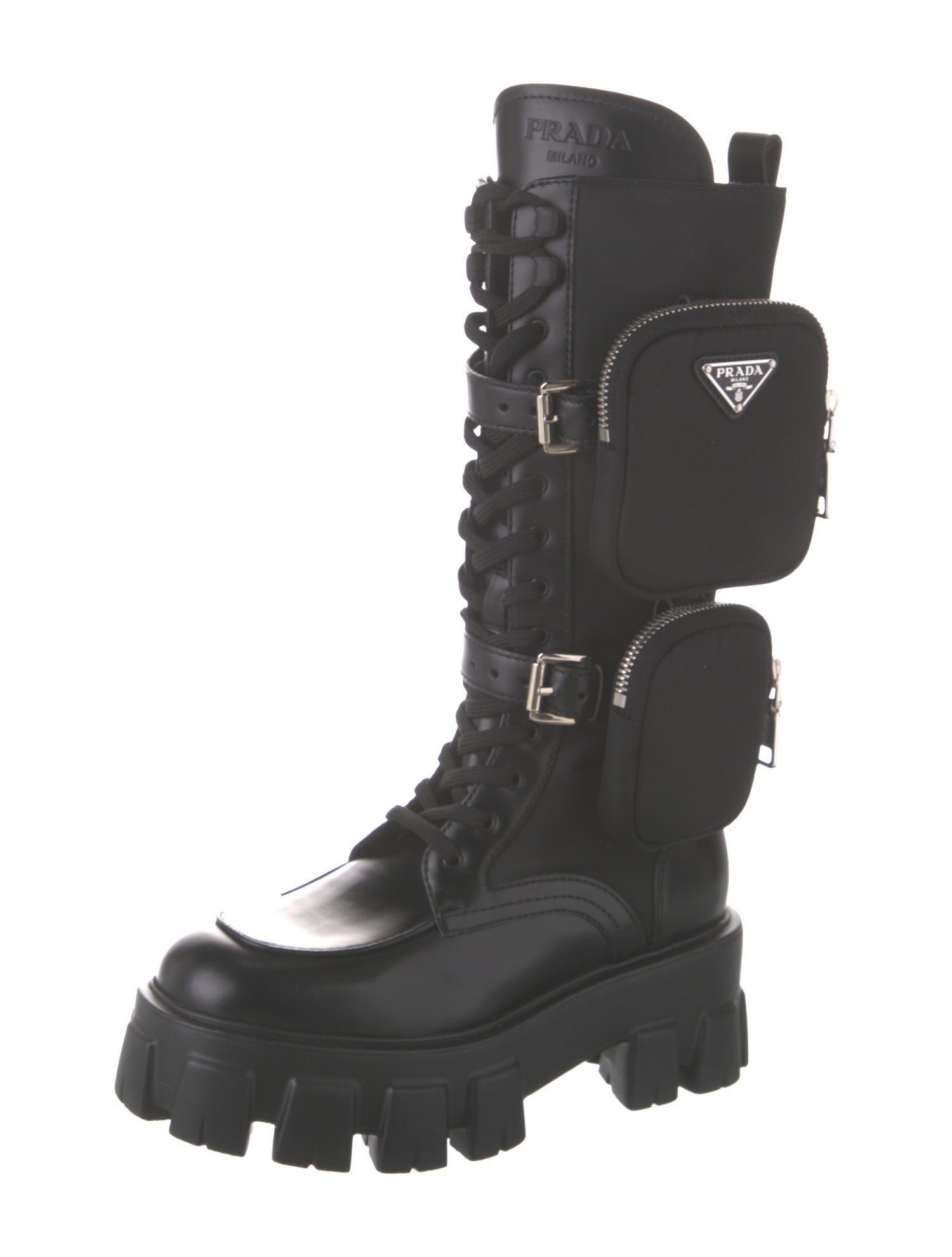 Prada Leather Leather Trim Embellishment Combat Boots