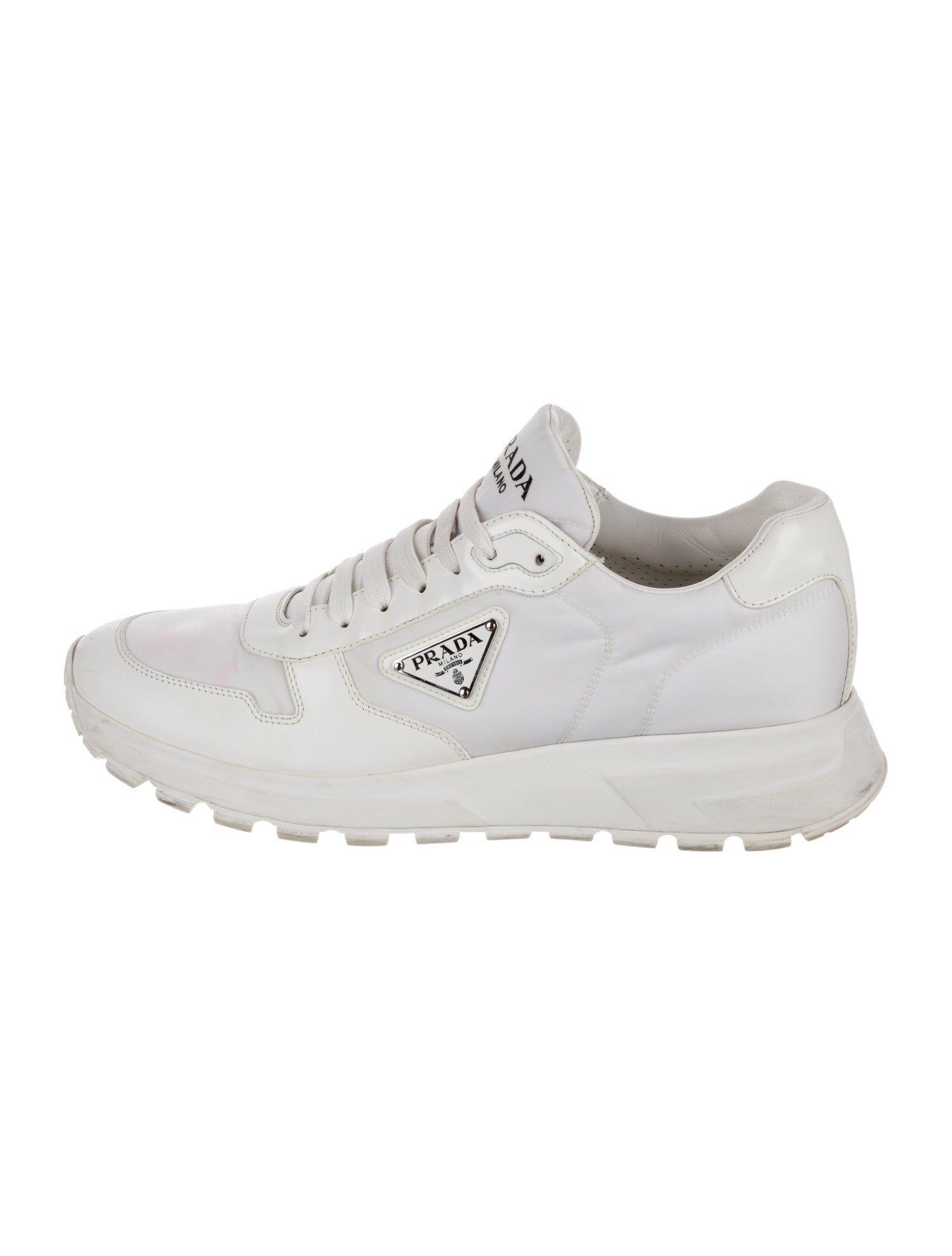 Prada Enameled Metal Triangle Leather Sneakers
