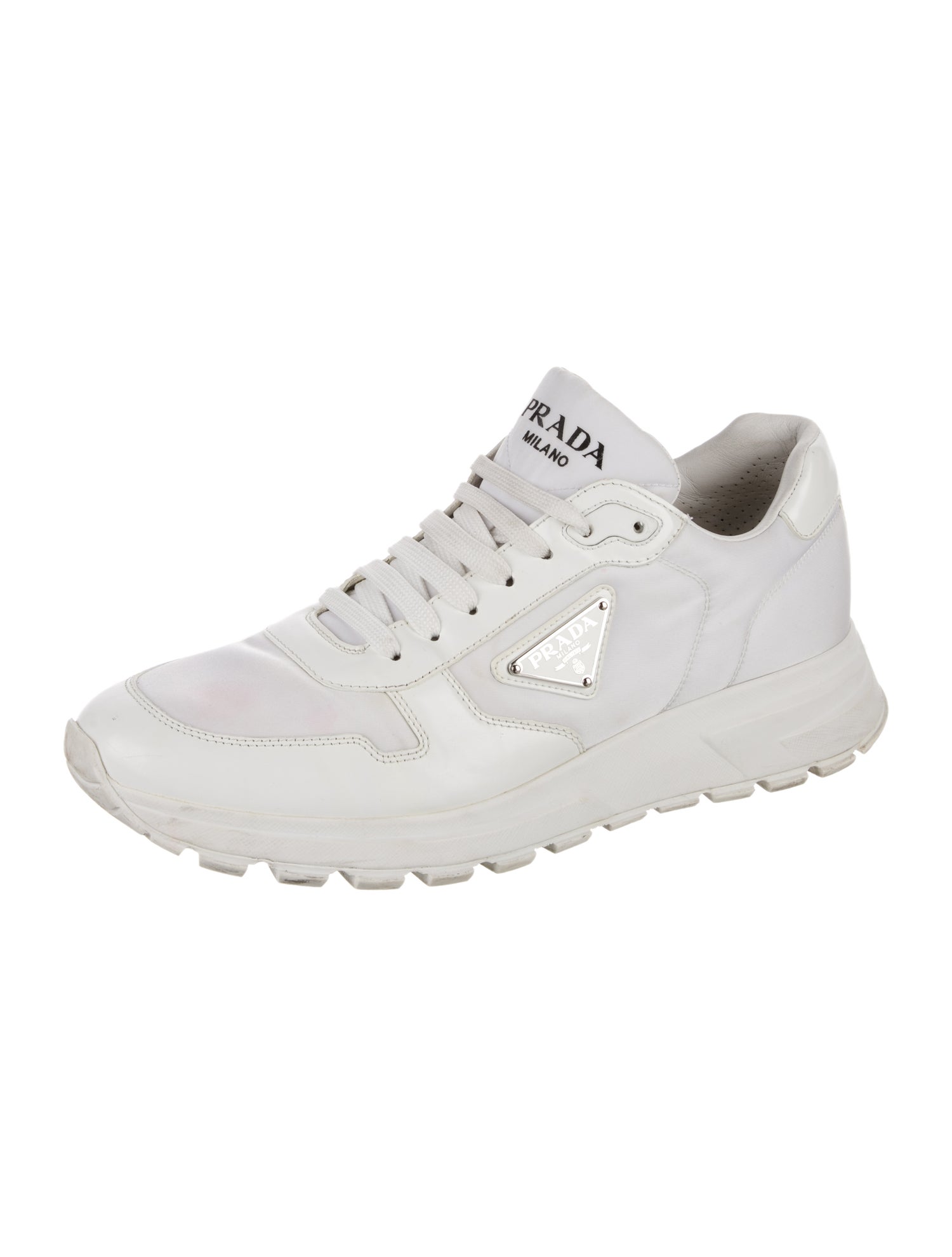 Prada Enameled Metal Triangle Leather Sneakers