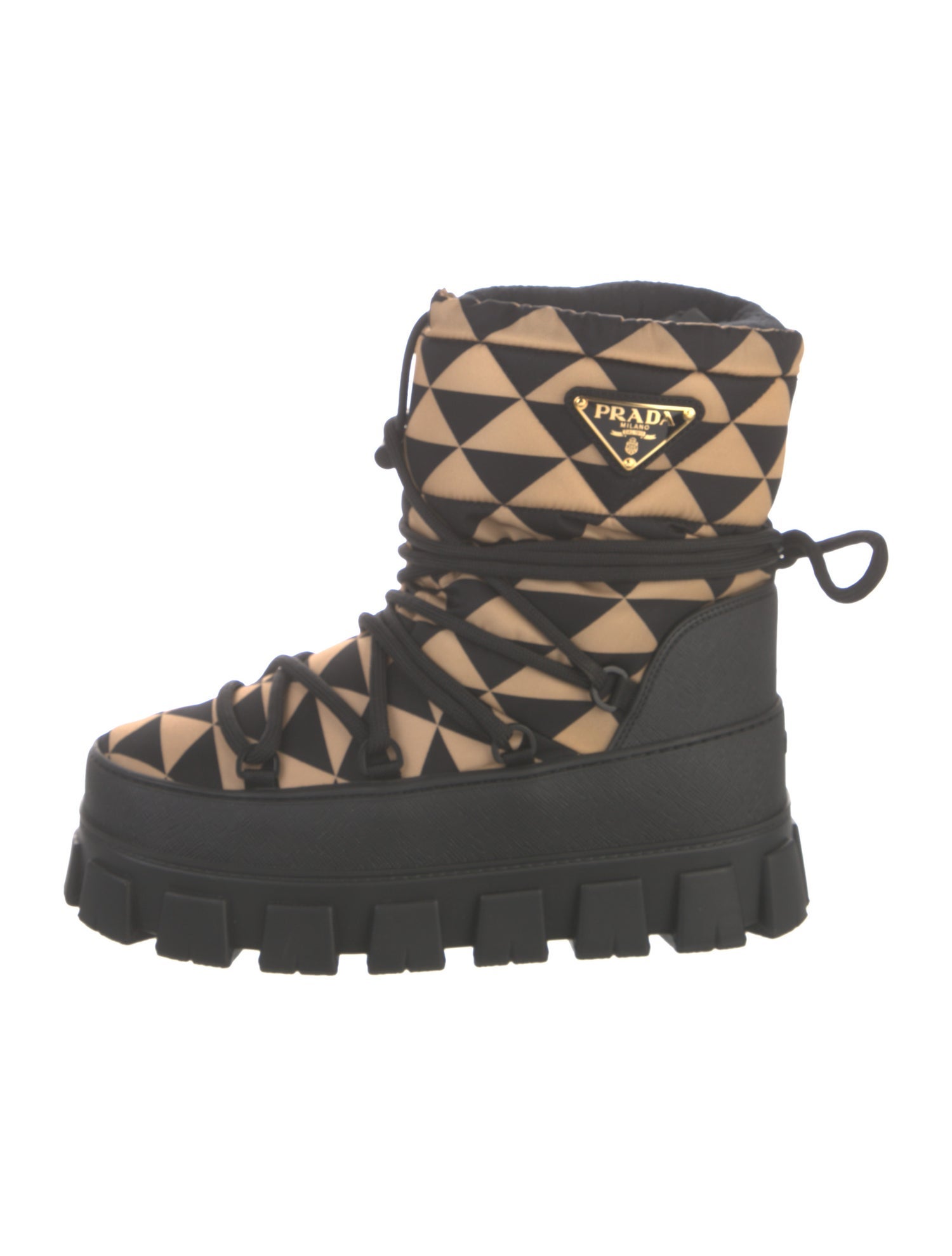 Prada Re-Nylon Après-Ski Enameled Metal Triangle Lace-Up Boots
