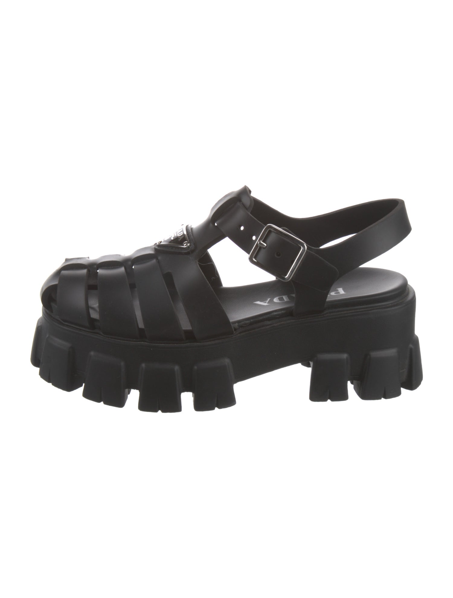 Prada Enameled Metal Triangle Rubber Slingback Sandals