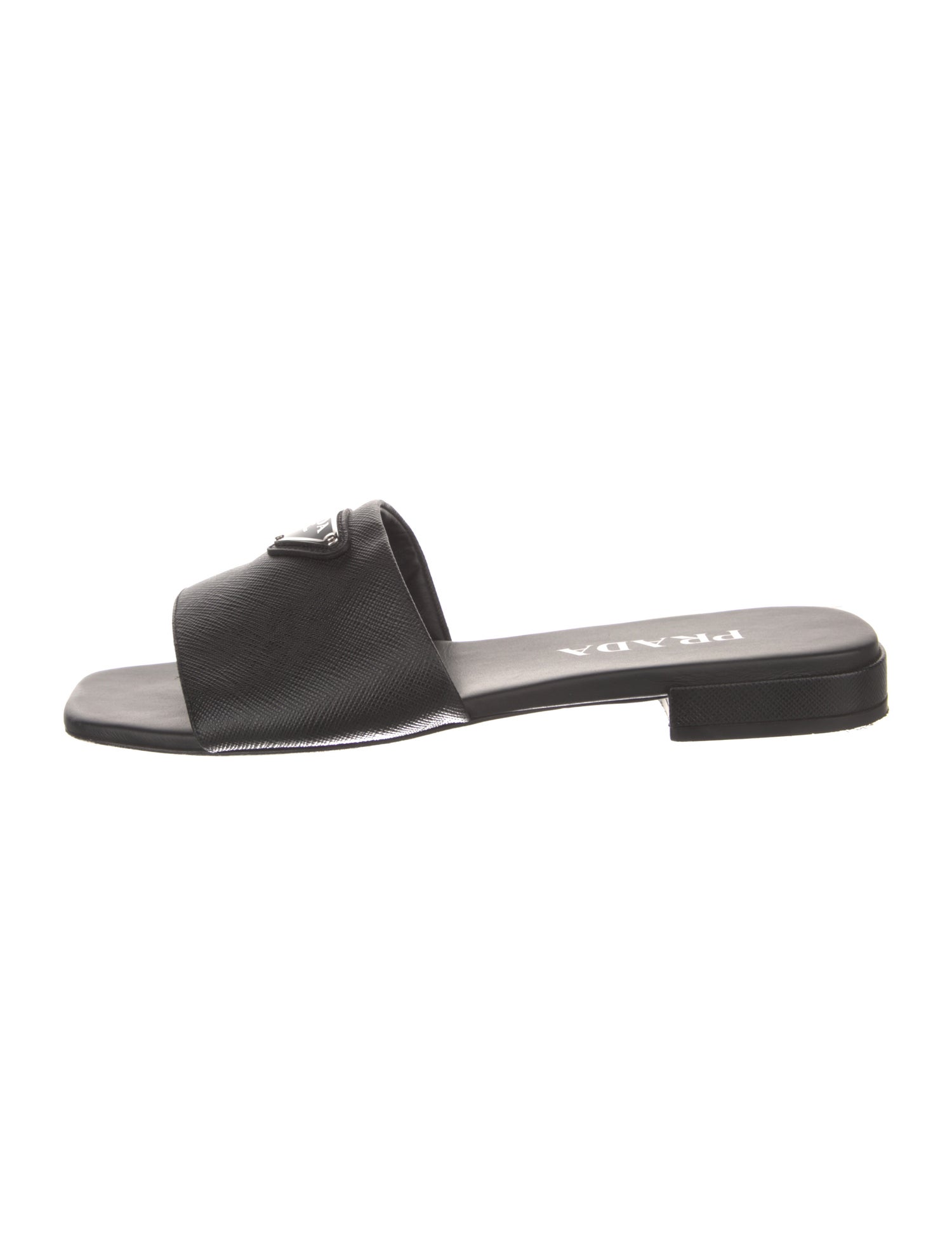 Prada Enameled Metal Triangle Saffiano Leather Slides