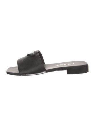 Prada Enameled Metal Triangle Saffiano Leather Slides