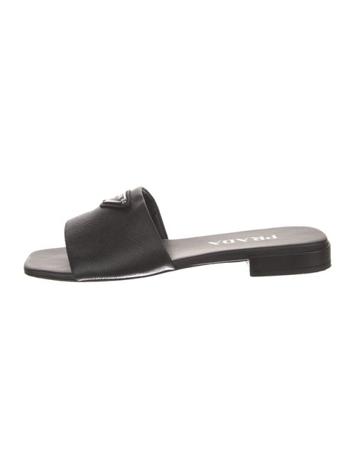 Prada Enameled Metal Triangle Saffiano Leather Slides